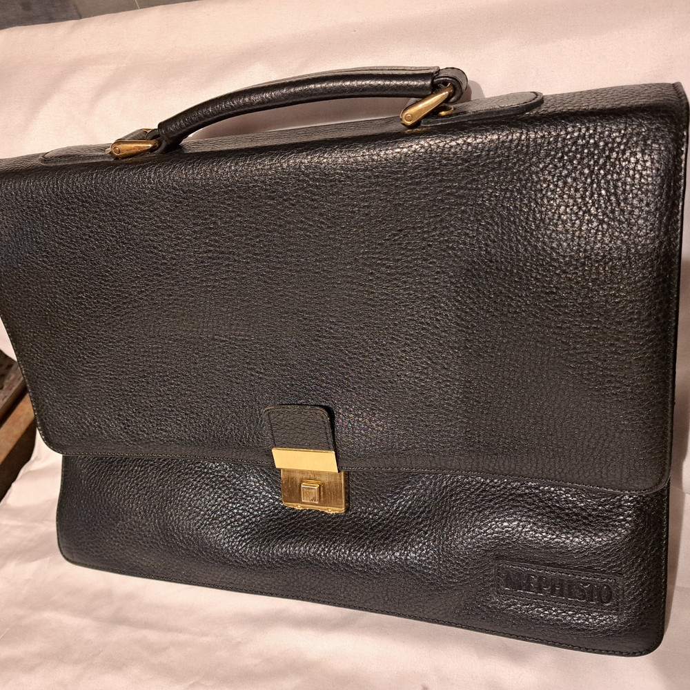 Mephisto Black Leather Briefcase with Gold Accents